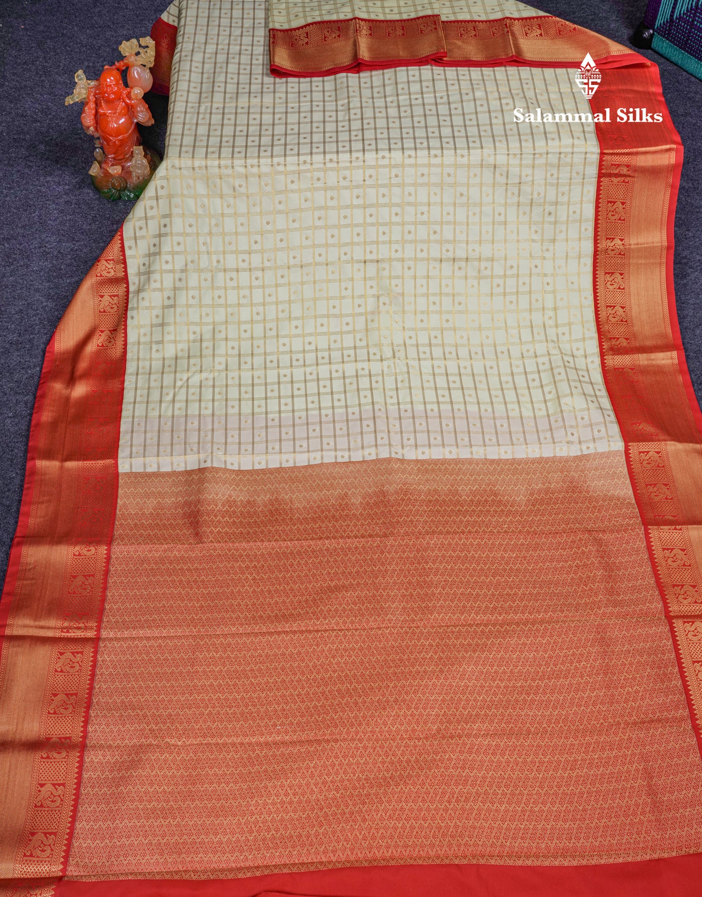 Half White Checks Semi Silk Saree With Contrast Chilly Red Traditional Border