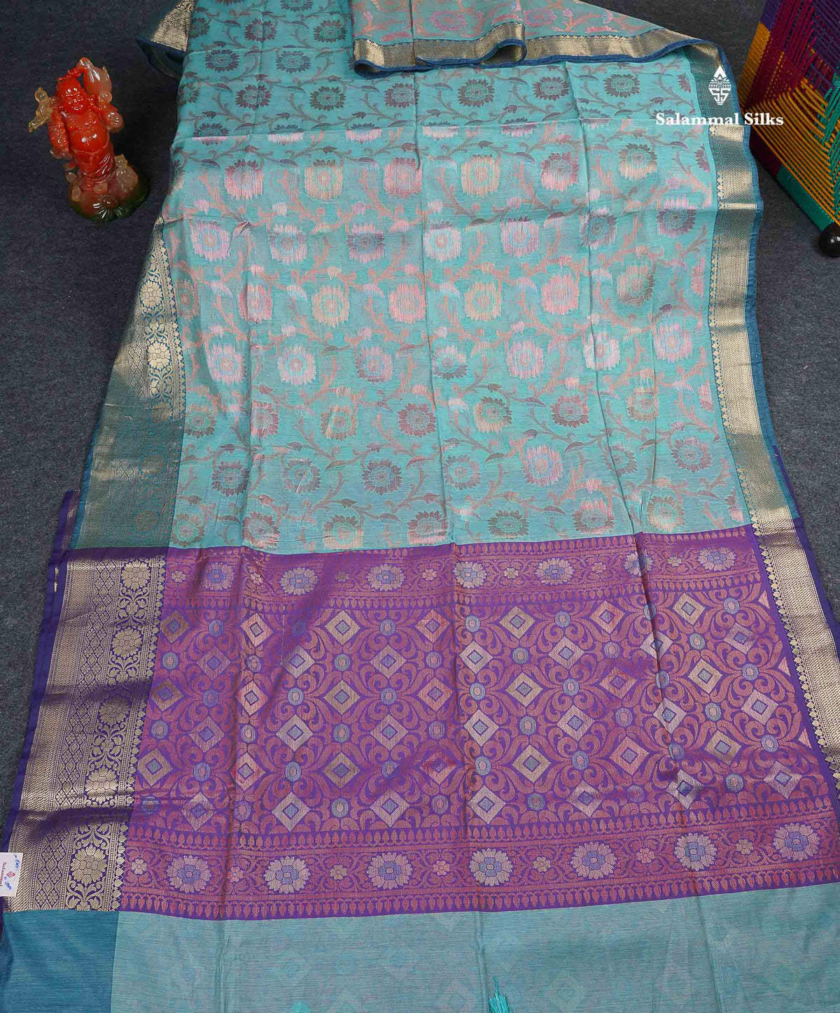 Cotton Mix Saree - Aqua Blue Colour Body With Contrast Purple Blouse