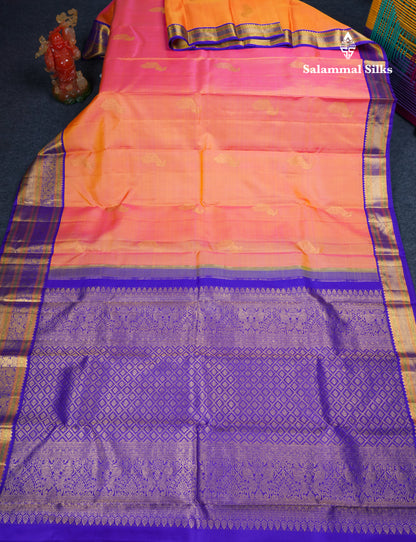Koravi Dual Tone Peach Orange Pure Kanjivaram Silk Saree With Contrast Navy Blue Traditional Evening Morning Border