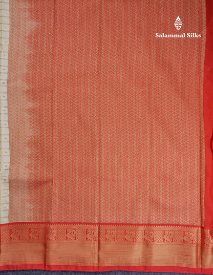 Half White Checks Semi Silk Saree With Contrast Chilly Red Traditional Border