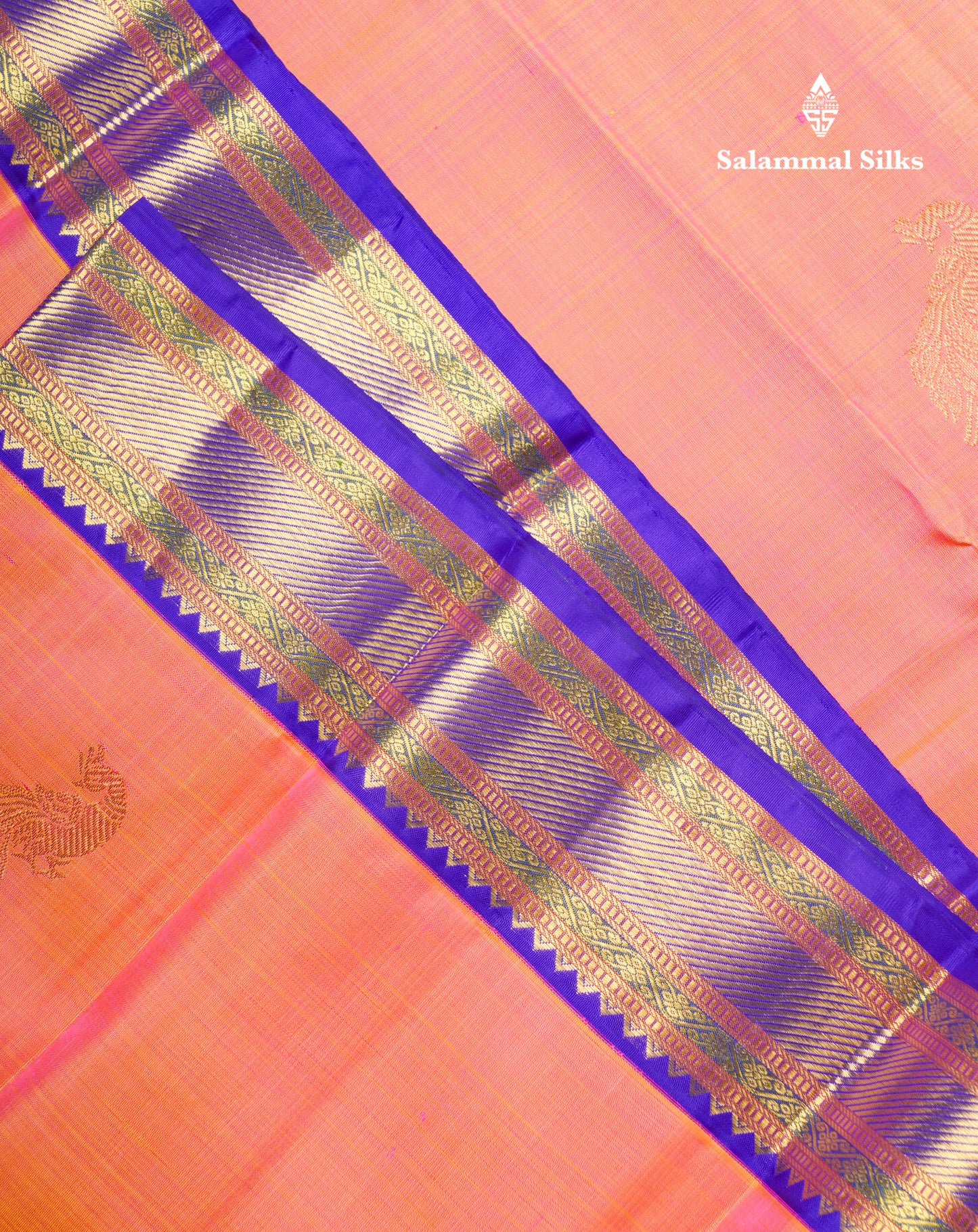 Koravi Dual Tone Peach Orange Pure Kanjivaram Silk Saree With Contrast Navy Blue Traditional Evening Morning Border