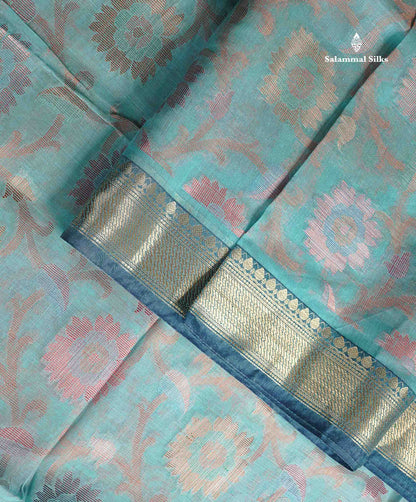 Cotton Mix Saree - Aqua Blue Colour Body With Contrast Purple Blouse