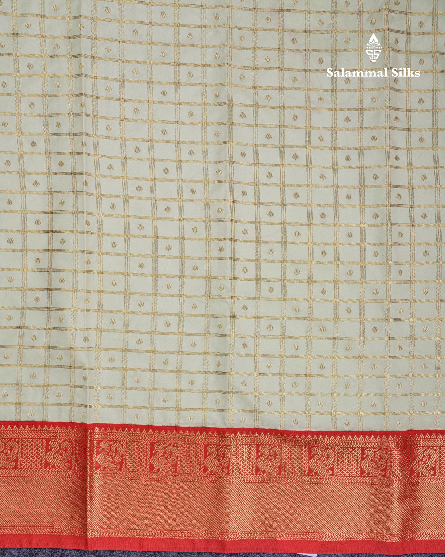 Half White Checks Semi Silk Saree With Contrast Chilly Red Traditional Border