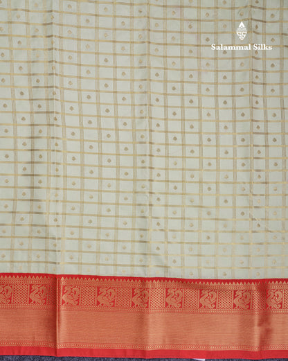 Half White Checks Semi Silk Saree With Contrast Chilly Red Traditional Border