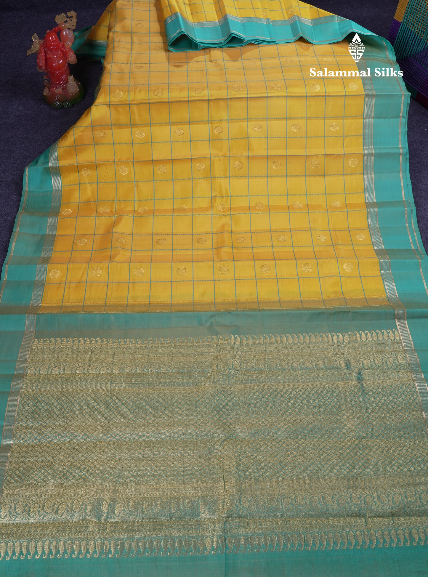 Beautiful Yellow Checks With Butta Pure Kanjivaram Silk Saree With Contrast Sapphire Green Traditional Gap Border