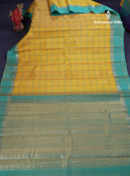 Beautiful Yellow Checks With Butta Pure Kanjivaram Silk Saree With Contrast Sapphire Green Traditional Gap Border