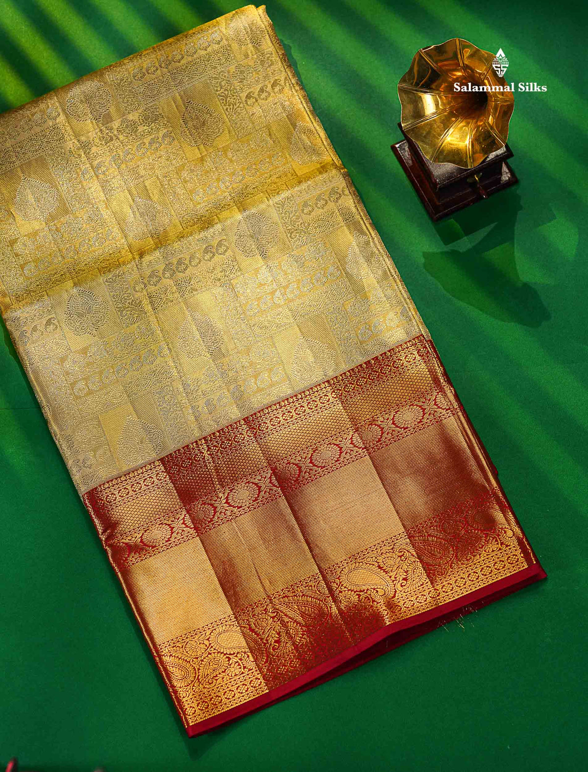 Gold Tissue Bridal Pure Kanjivaram Silk Saree With Contrast Maroon Traditional  Border