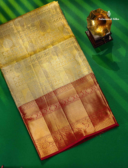 Gold Tissue Bridal Pure Kanjivaram Silk Saree With Contrast Maroon Traditional  Border