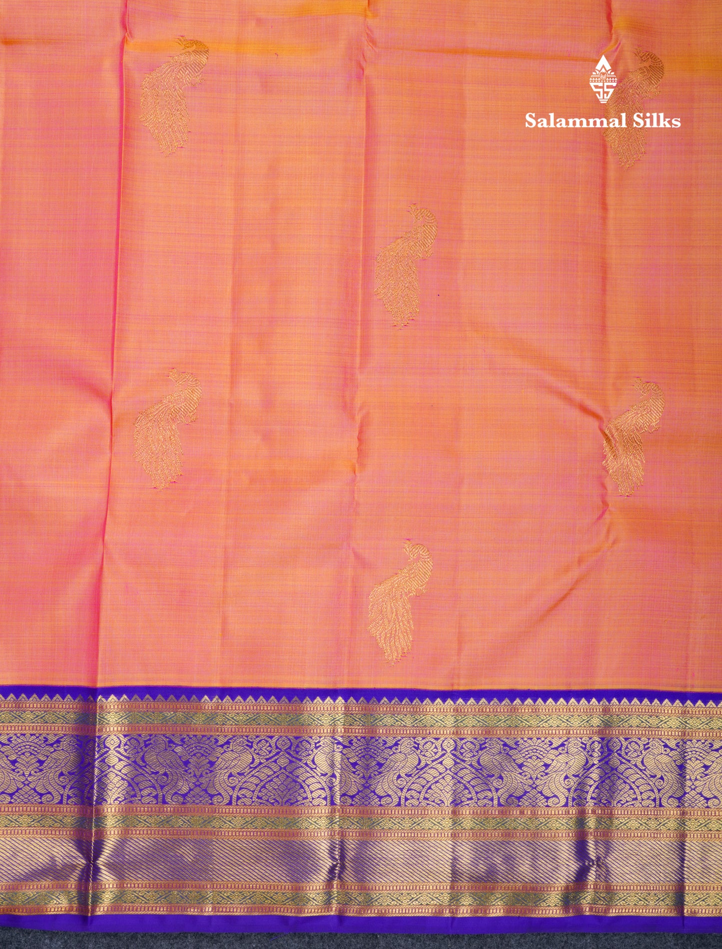 Koravi Dual Tone Peach Orange Pure Kanjivaram Silk Saree With Contrast Navy Blue Traditional Evening Morning Border