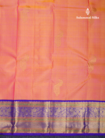 Koravi Dual Tone Peach Orange Pure Kanjivaram Silk Saree With Contrast Navy Blue Traditional Evening Morning Border