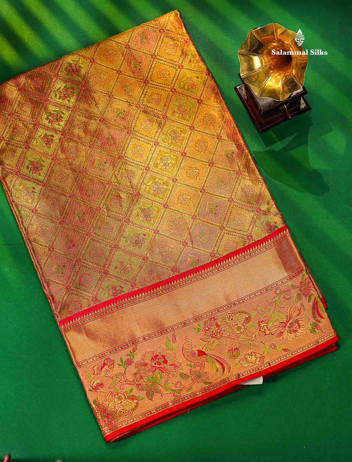 Multicolour Menakari Work Tissue Bridal Pure Kanjivaram Silk Saree With Contrast Chilly Red Border