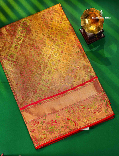 Multicolour Menakari Work Tissue Bridal Pure Kanjivaram Silk Saree With Contrast Chilly Red Border