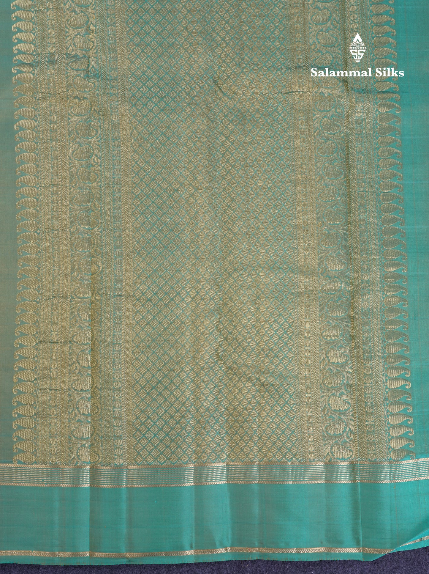 Beautiful Yellow Checks With Butta Pure Kanjivaram Silk Saree With Contrast Sapphire Green Traditional Gap Border