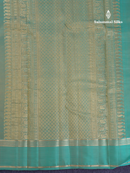 Beautiful Yellow Checks With Butta Pure Kanjivaram Silk Saree With Contrast Sapphire Green Traditional Gap Border