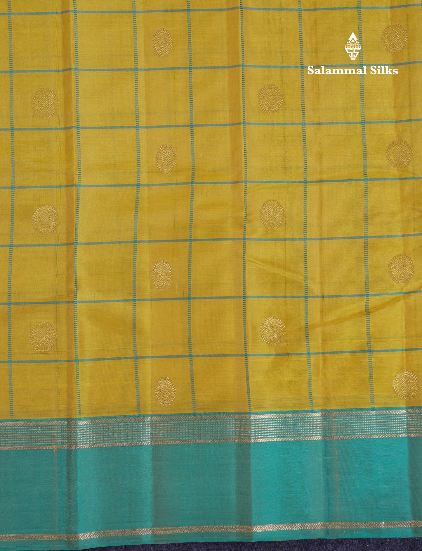 Beautiful Yellow Checks With Butta Pure Kanjivaram Silk Saree With Contrast Sapphire Green Traditional Gap Border