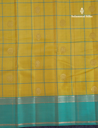 Beautiful Yellow Checks With Butta Pure Kanjivaram Silk Saree With Contrast Sapphire Green Traditional Gap Border