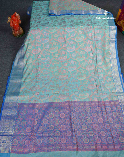 Cotton Mix Saree - Sea Blue Colour Body With Contrast Violet Fancy Border