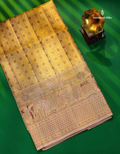 Cream Tissue Bridal Pure Kanjivaram Silk Saree With Contrast Light Lavender Pichwai Art Border