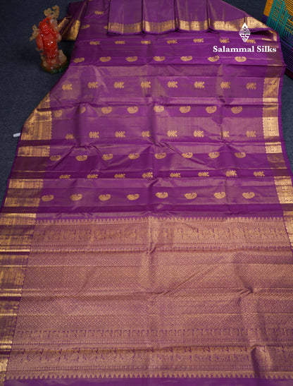 Dark Purple Vaira Oosi Lines Traditional Butta Pure Kanjivaram Silk Saree With Evening Morning Border