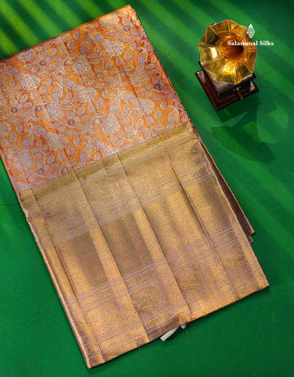 2G Zari Meenakari Orange Tissue Kanjivaram Silk Saree with Contrast Lavender Border