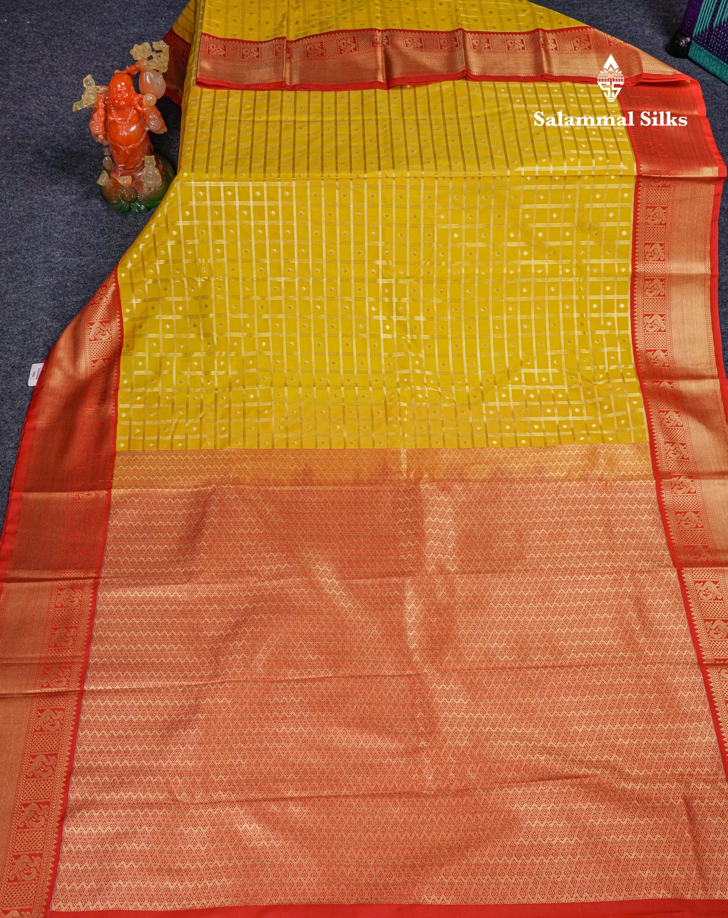 Half White Checks Semi Silk Saree With Contrast Chilly Red Traditional Border