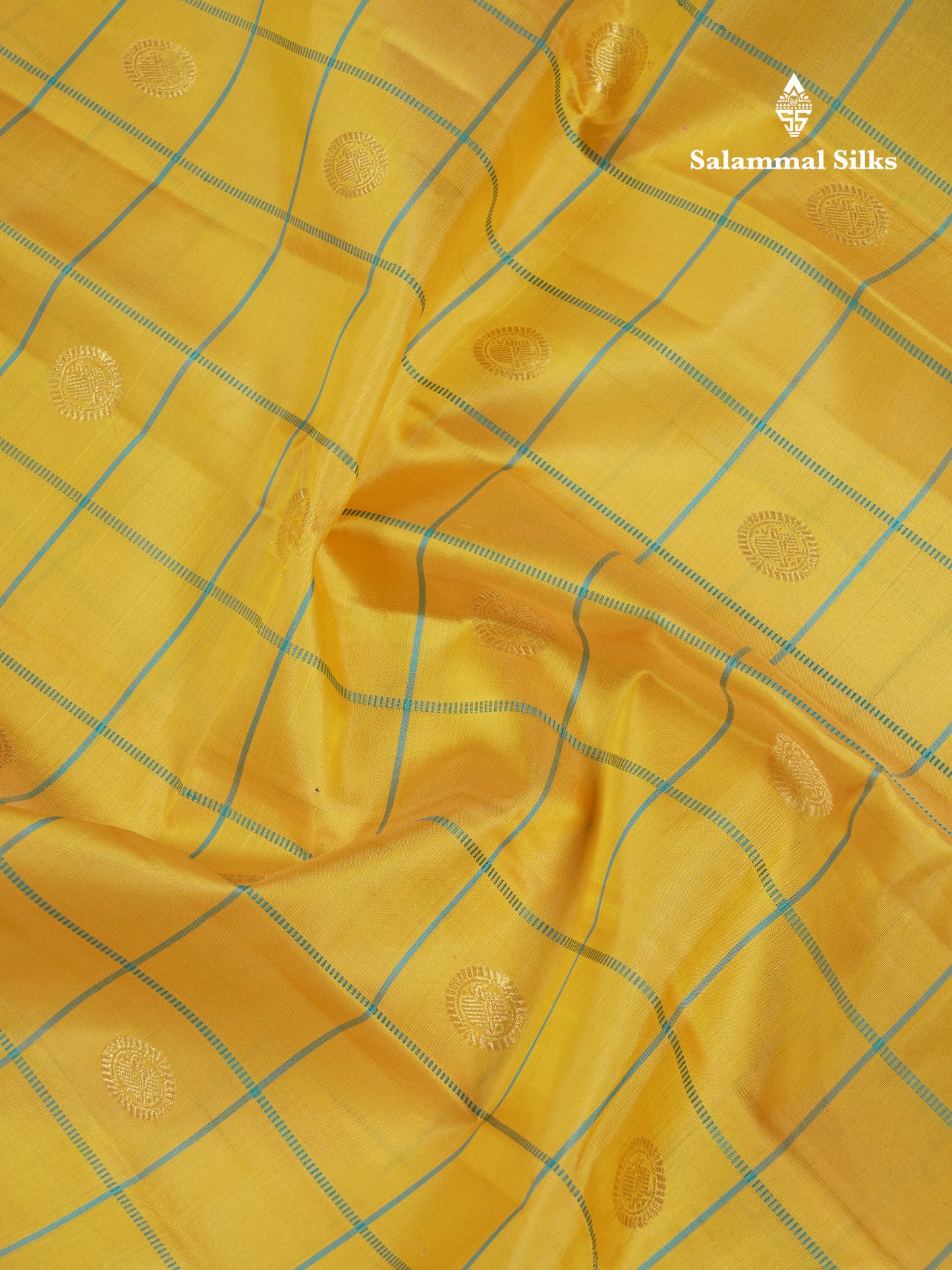 Beautiful Yellow Checks With Butta Pure Kanjivaram Silk Saree With Contrast Sapphire Green Traditional Gap Border