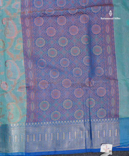 Cotton Mix Saree - Sea Blue Colour Body With Contrast Violet Fancy Border