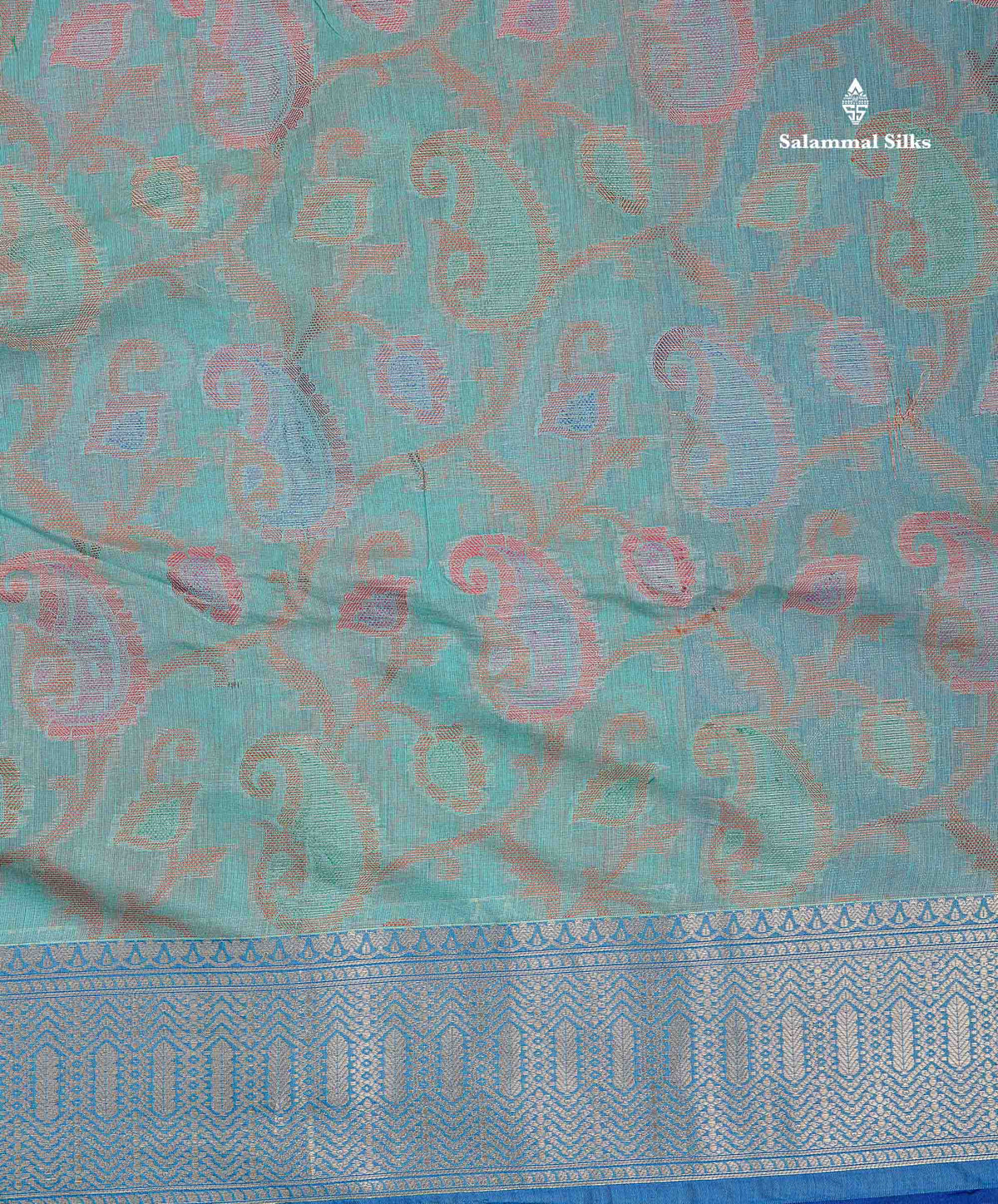 Cotton Mix Saree - Sea Blue Colour Body With Contrast Violet Fancy Border