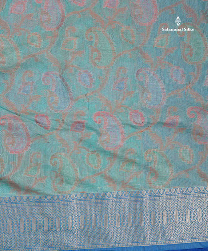 Cotton Mix Saree - Sea Blue Colour Body With Contrast Violet Fancy Border