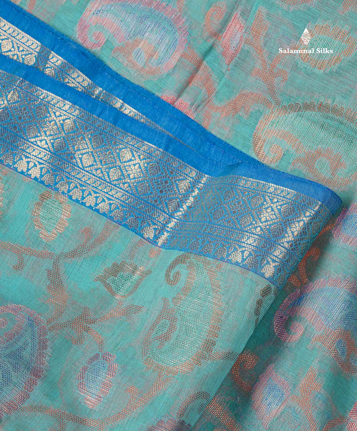 Cotton Mix Saree - Sea Blue Colour Body With Contrast Violet Fancy Border