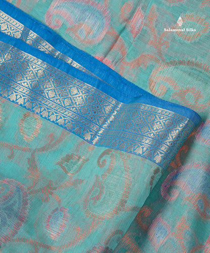 Cotton Mix Saree - Sea Blue Colour Body With Contrast Violet Fancy Border