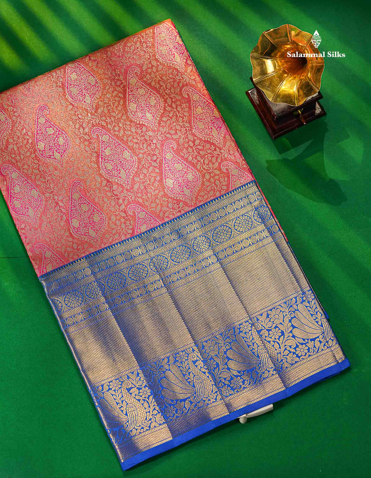 Pink Tissue 2G Zari Pure Kanjivaram Silk Saree with Contrast Royal Blue Border