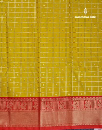 Half White Checks Semi Silk Saree With Contrast Chilly Red Traditional Border