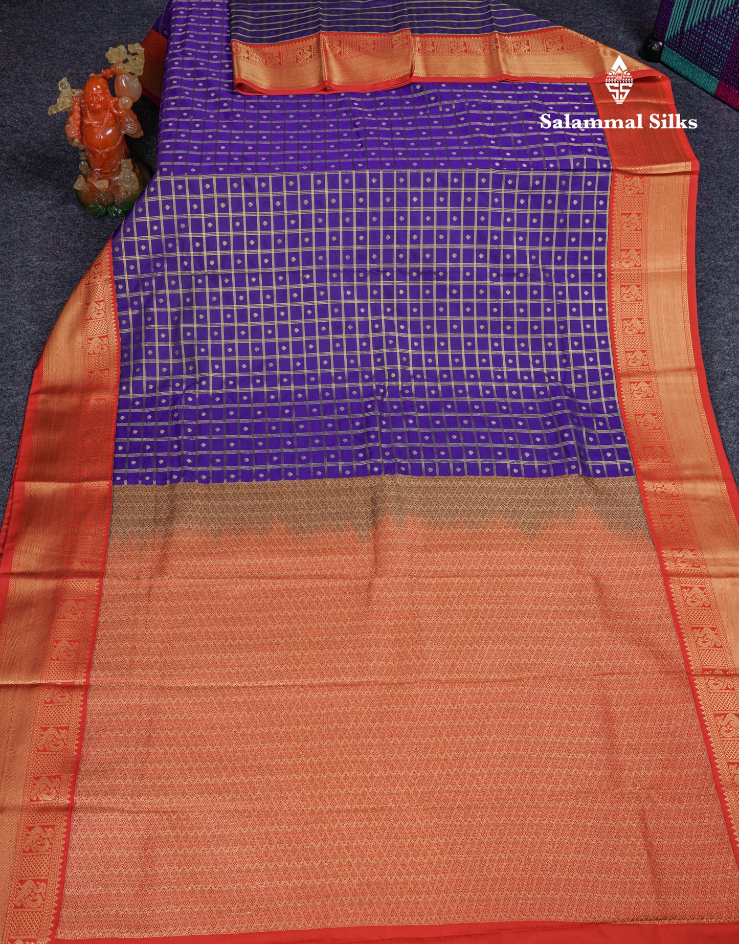 Half White Checks Semi Silk Saree With Contrast Chilly Red Traditional Border