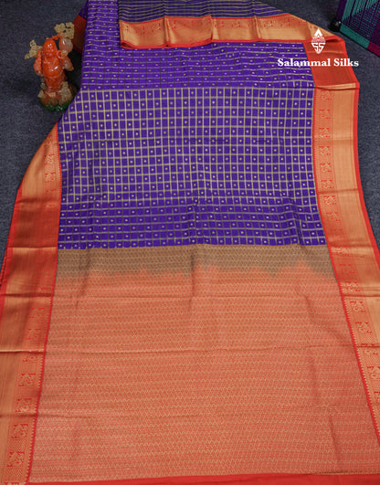 Half White Checks Semi Silk Saree With Contrast Chilly Red Traditional Border