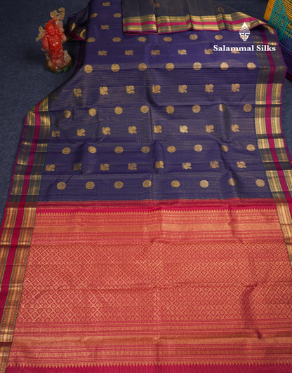Beautiful Navy Blue Small Checks With Butta Pure Kanjivaram Silk Saree With Traditional Border