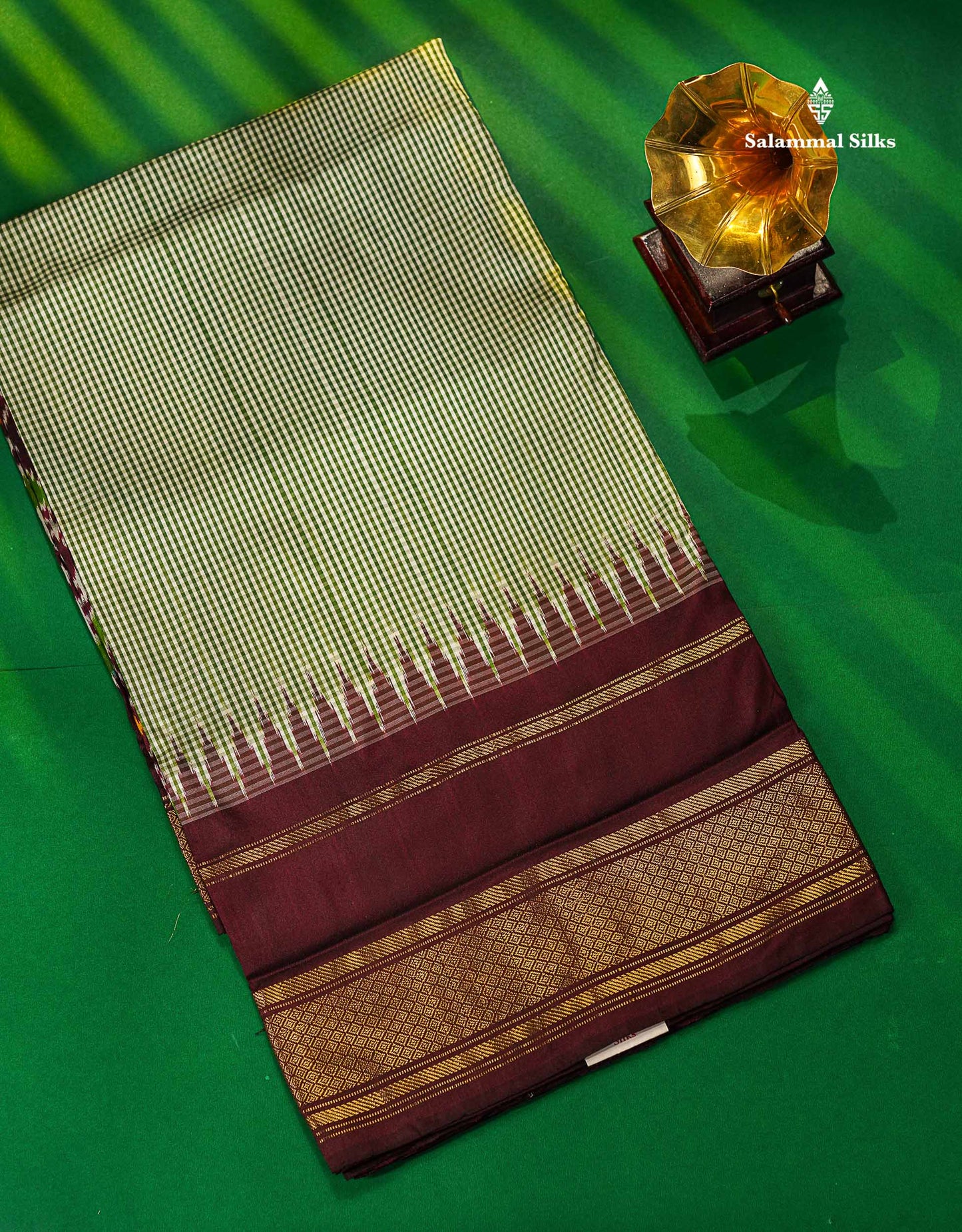 Sky Blue Tiny Checks Pure Kanjivaram Silk Saree With Contrast Navy Blue Pochampalli Pallu And Blouse
