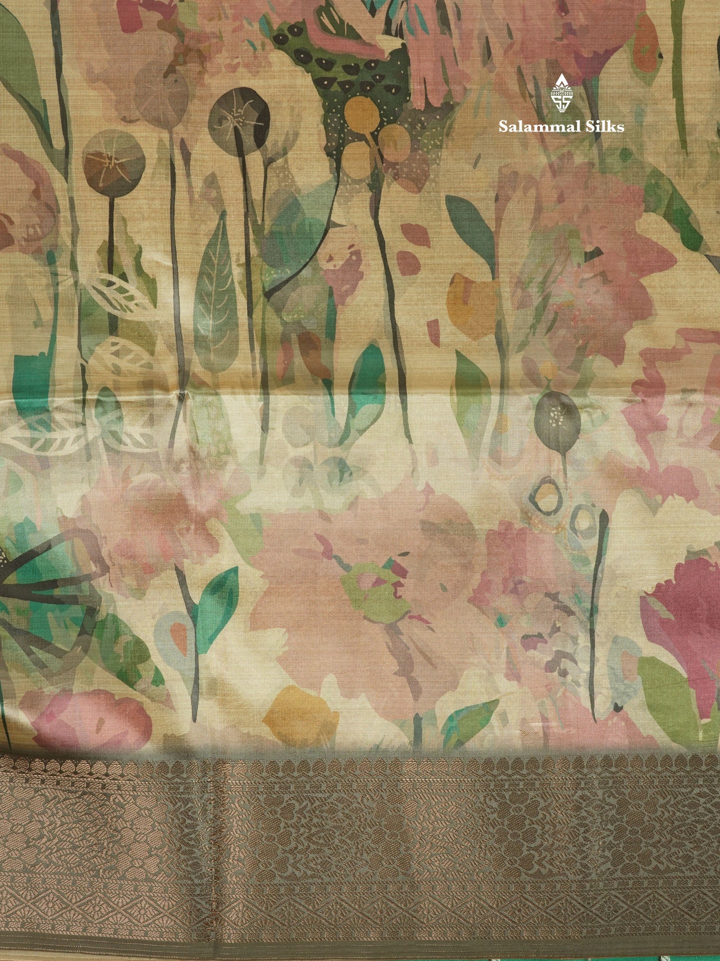 Multicolour Semi Tussar Saree With Floral Artistic Print With Contrast Border