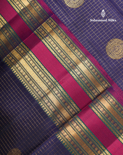 Beautiful Navy Blue Small Checks With Butta Pure Kanjivaram Silk Saree With Traditional Border