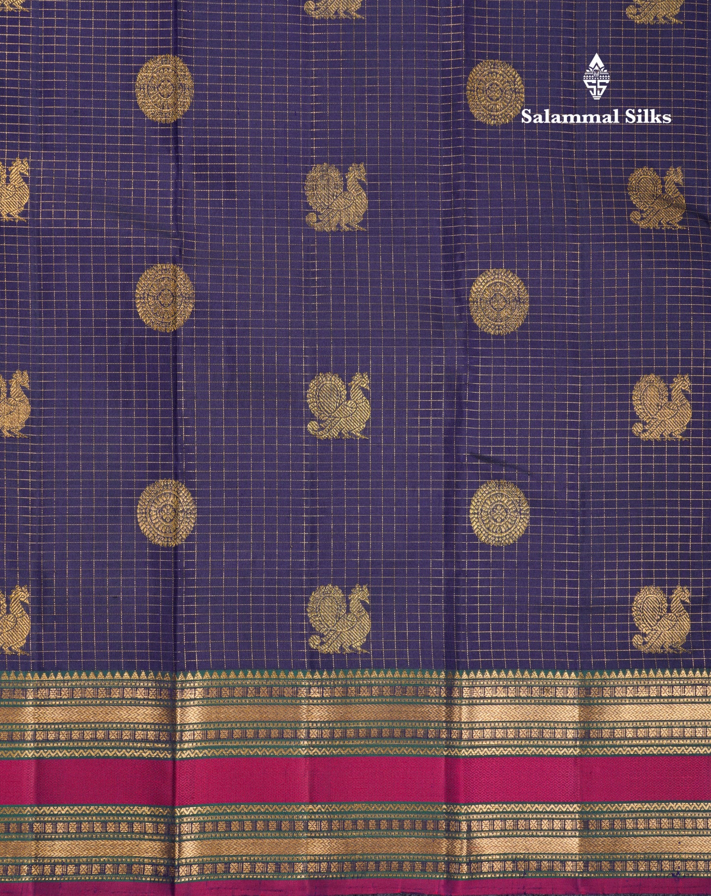 Beautiful Navy Blue Small Checks With Butta Pure Kanjivaram Silk Saree With Traditional Border