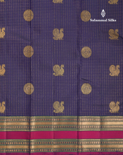 Beautiful Navy Blue Small Checks With Butta Pure Kanjivaram Silk Saree With Traditional Border