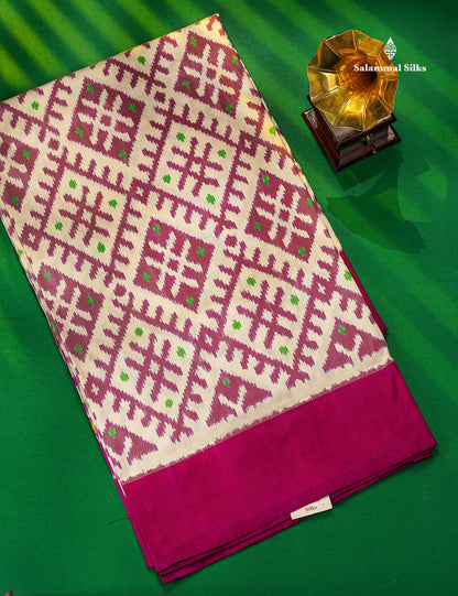 White Pochampalli Pure Kanjivaram Silk Saree With Contrast Magenta Plain Border