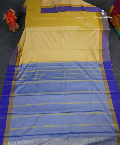 Semi Silk Saree - Light Yellow Colour Body With Contrast Dual Tone Blue Blouse