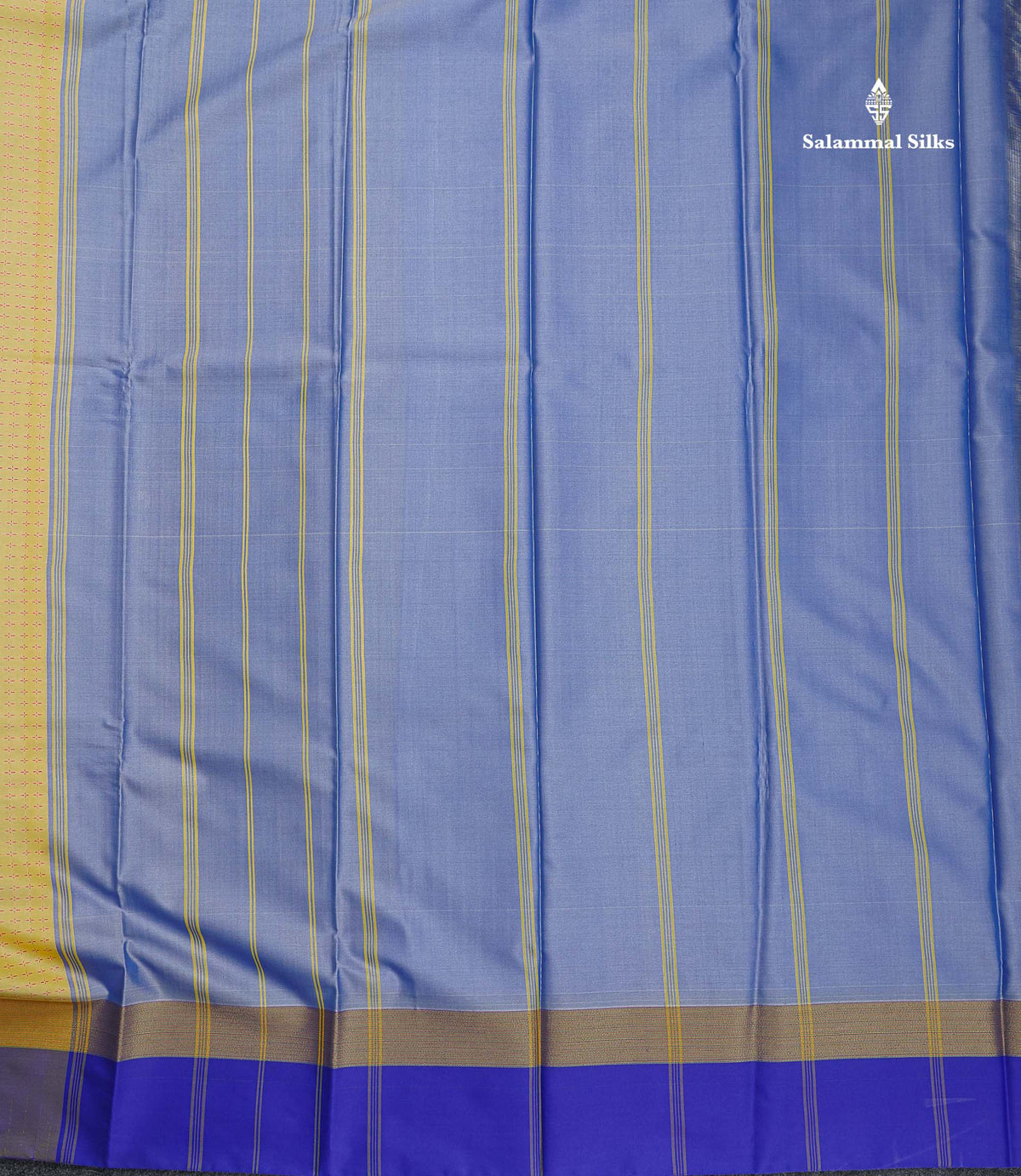 Semi Silk Saree - Light Yellow Colour Body With Contrast Dual Tone Blue Blouse