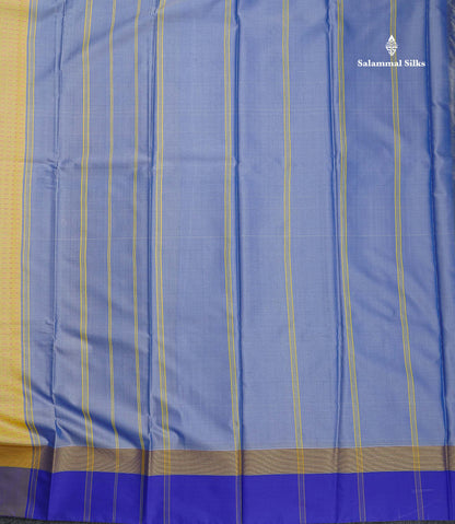 Semi Silk Saree - Light Yellow Colour Body With Contrast Dual Tone Blue Blouse