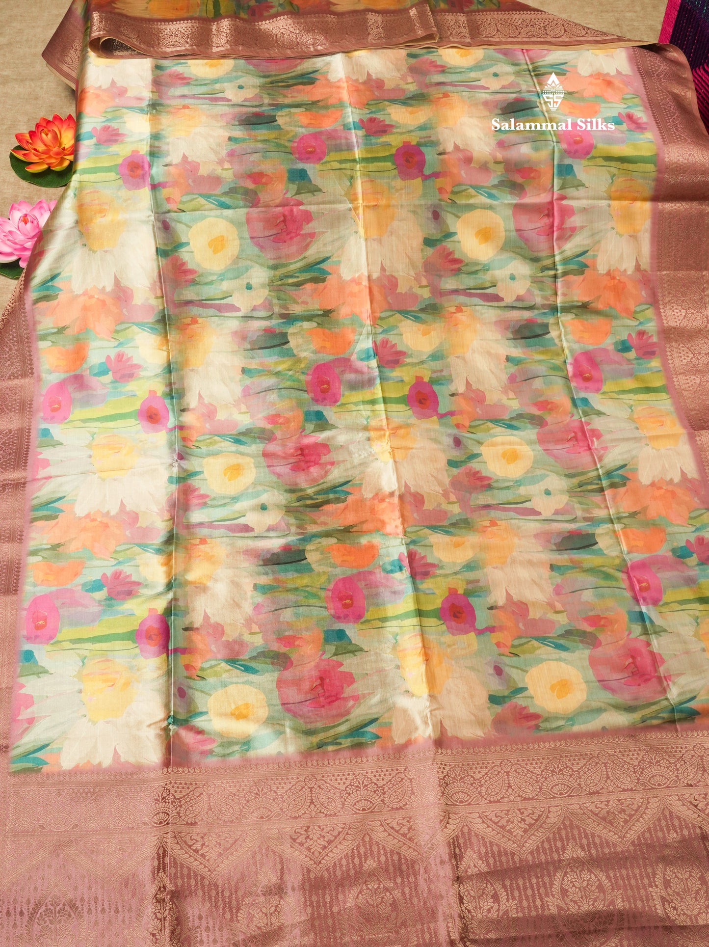 Multicolour Semi Tussar Saree With Floral Artistic Print With Contrast Border
