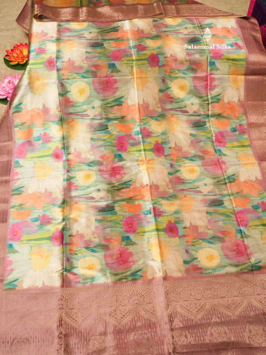 Multicolour Semi Tussar Saree With Floral Artistic Print With Contrast Border