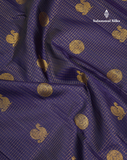 Beautiful Navy Blue Small Checks With Butta Pure Kanjivaram Silk Saree With Traditional Border