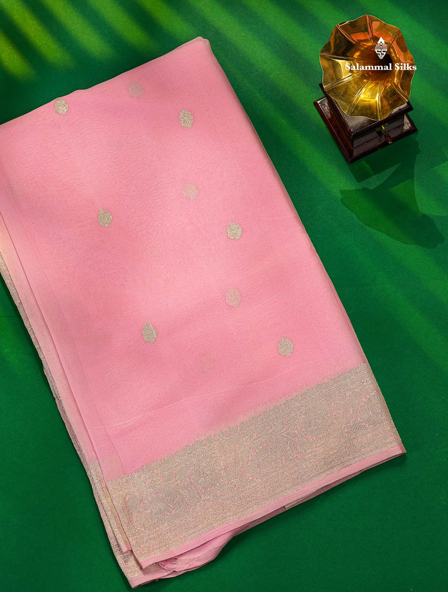 Baby Pink Handloom Banaras Pure Chiffon Saree With Fancy Border