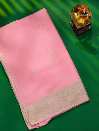 Baby Pink Handloom Banaras Pure Chiffon Saree With Fancy Border